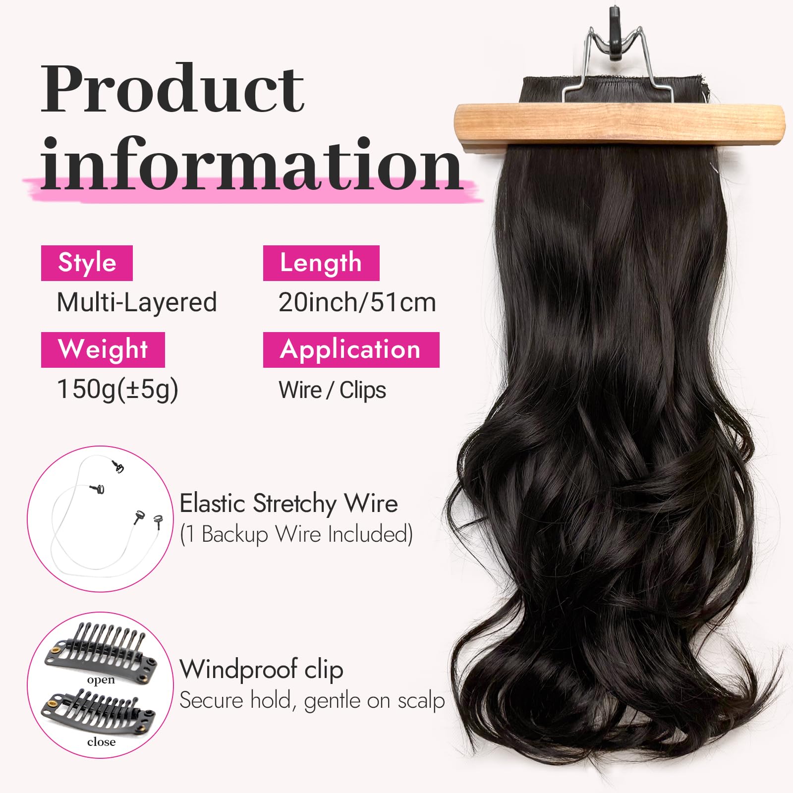 Side profile of the 20 Inch long wavy layered dark brown hairpiece.
