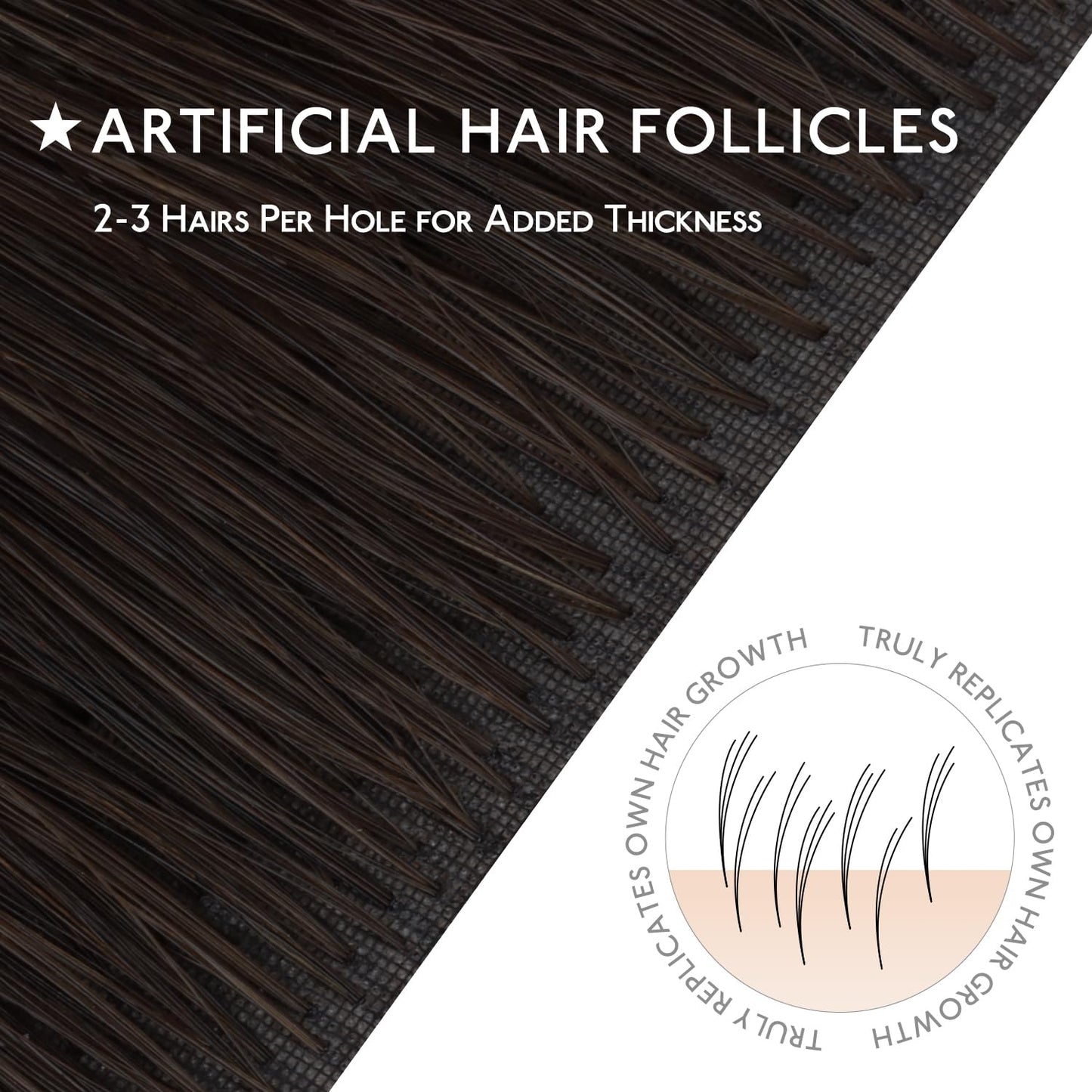 Comparison image displaying the invisible appearance of the tape extensions against a natural scalp line.
