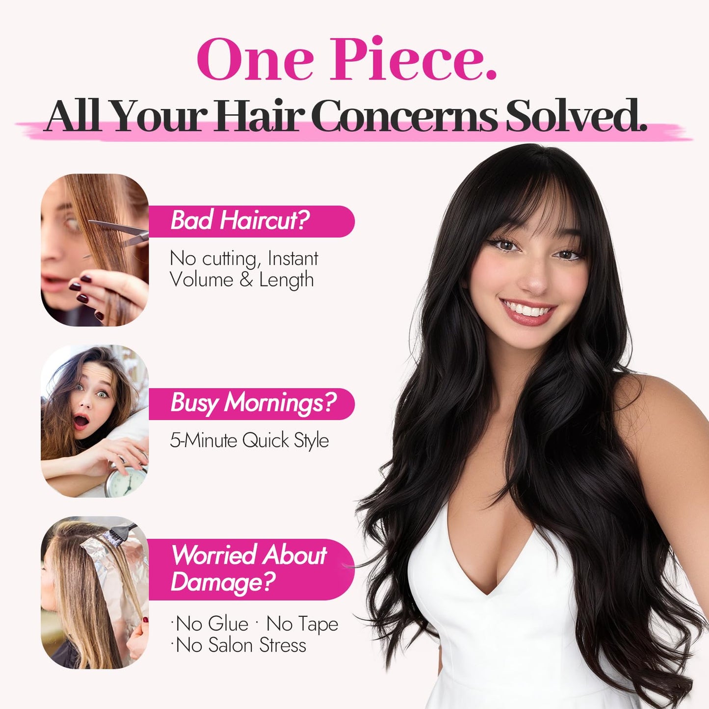 Before and after demonstration using invisible wire hair extensions for instant volume.