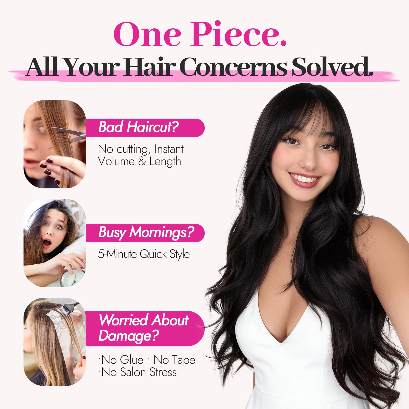 Before and after demonstration using invisible wire hair extensions for instant volume.