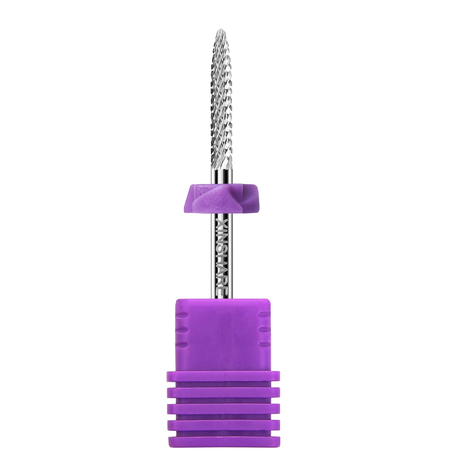 Silver manicuring drill bit tool shown at a angled profile perspective.