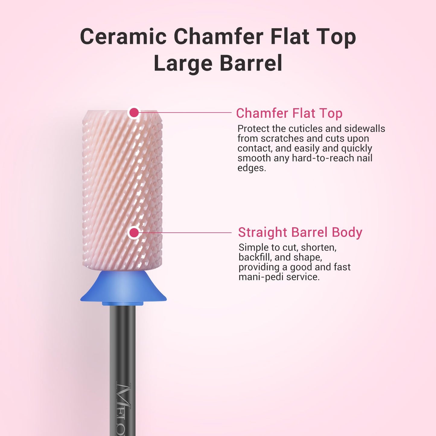 Premium pink ceramic manicure drill bit close up showcasing the safety chamfered top