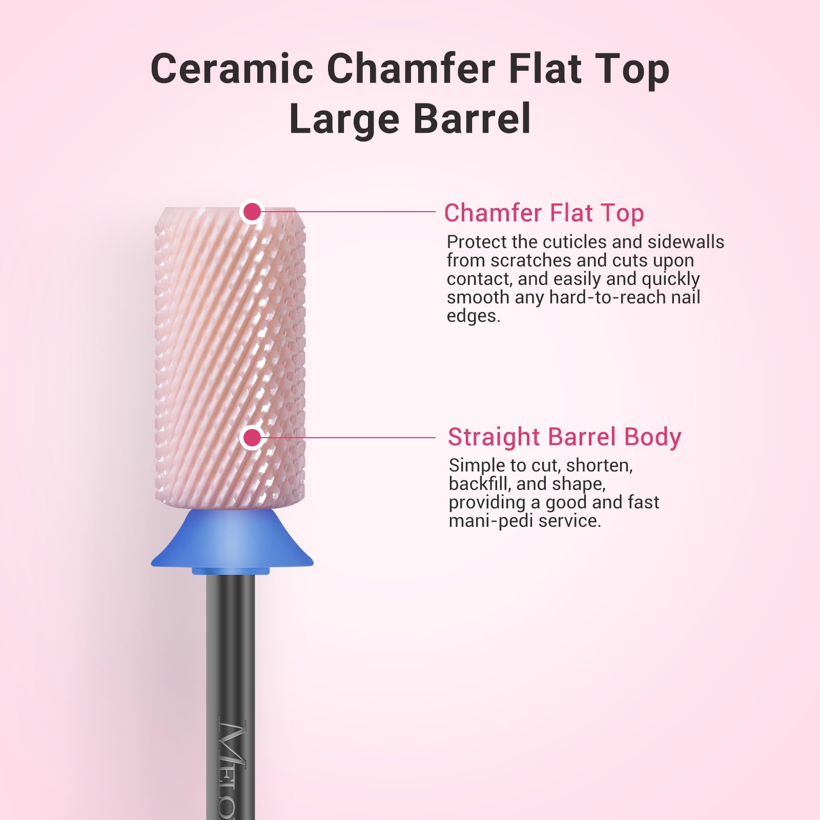 Premium pink ceramic manicure drill bit close up showcasing the safety chamfered top