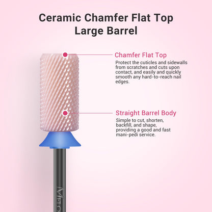 Premium pink ceramic manicure drill bit close up showcasing the safety chamfered top