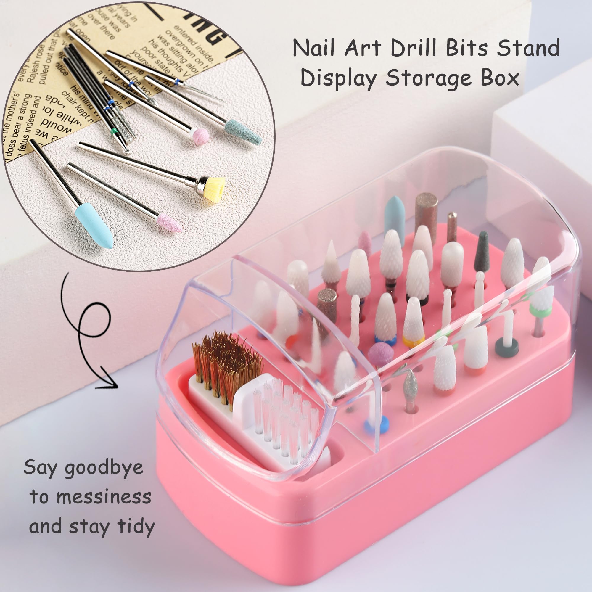 Earthiva nail bit organizer with open dustproof lid highlighting the copper wire cleaning brush