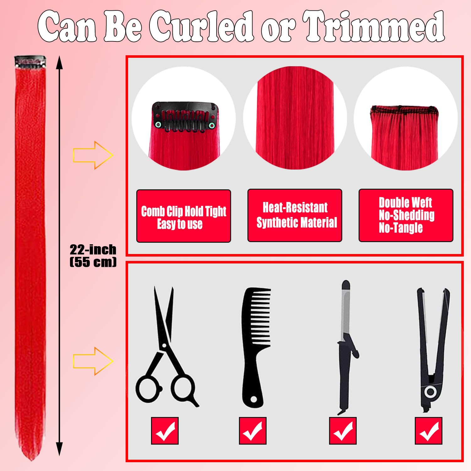 Full set of twelve pieces red synthetic hair extensions laid out showing length and texture