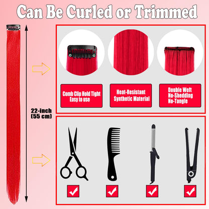 Full set of twelve pieces red synthetic hair extensions laid out showing length and texture