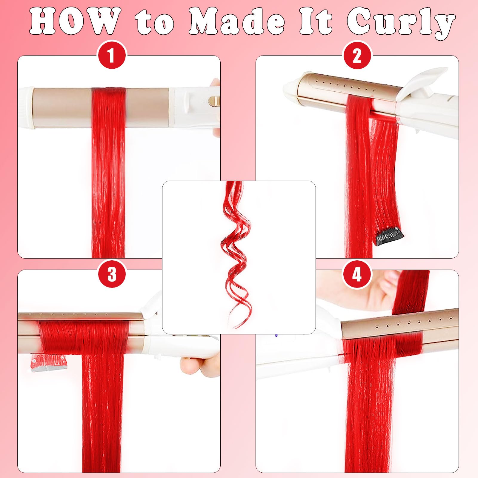 Heat resistant red synthetic hairpiece being styled safely with a flat iron