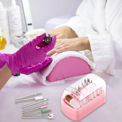 Earthiva pink manicure storage case completely closed with clear lid protecting tools from salon dust