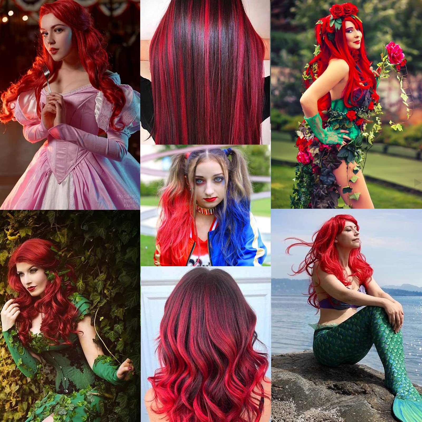 Vibrant red colored hair extensions blended seamlessly into dark hair for cosplay looks