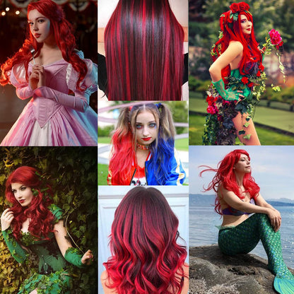Vibrant red colored hair extensions blended seamlessly into dark hair for cosplay looks