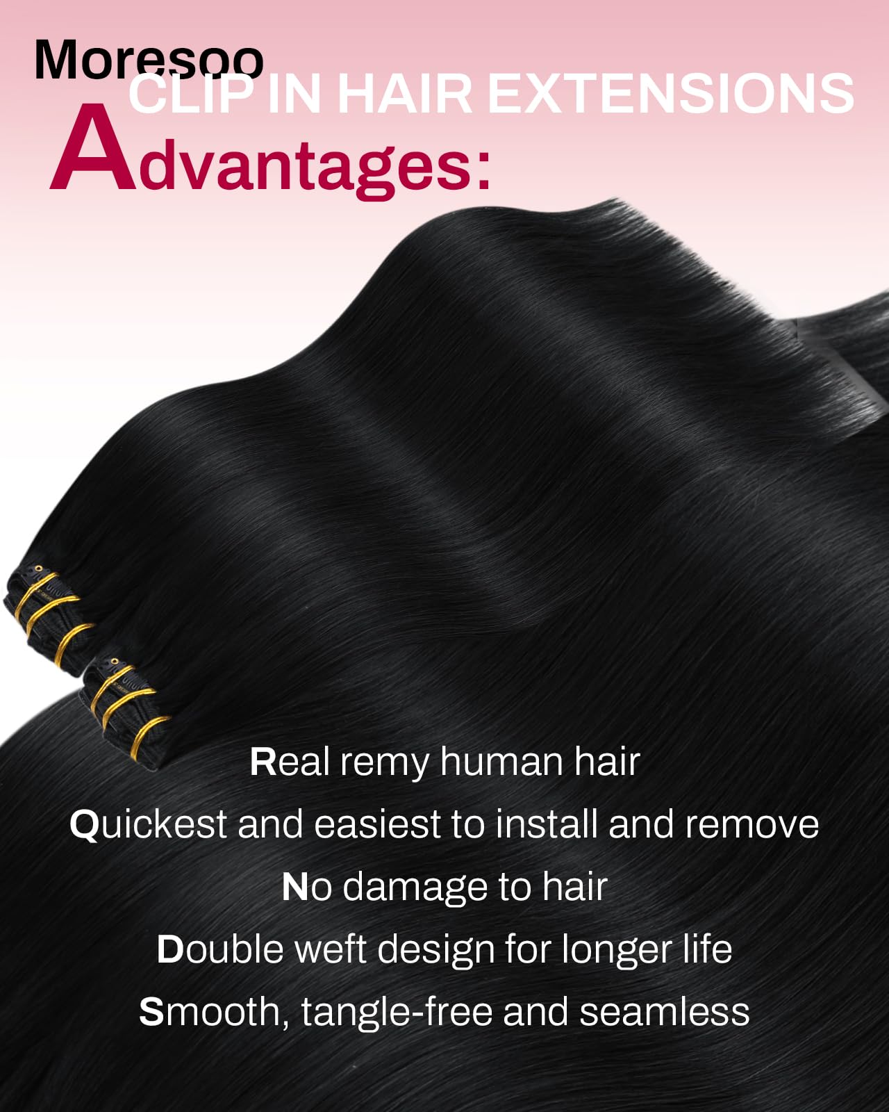 Moresoo Jet Black human hair extensions 20 inch length comparison