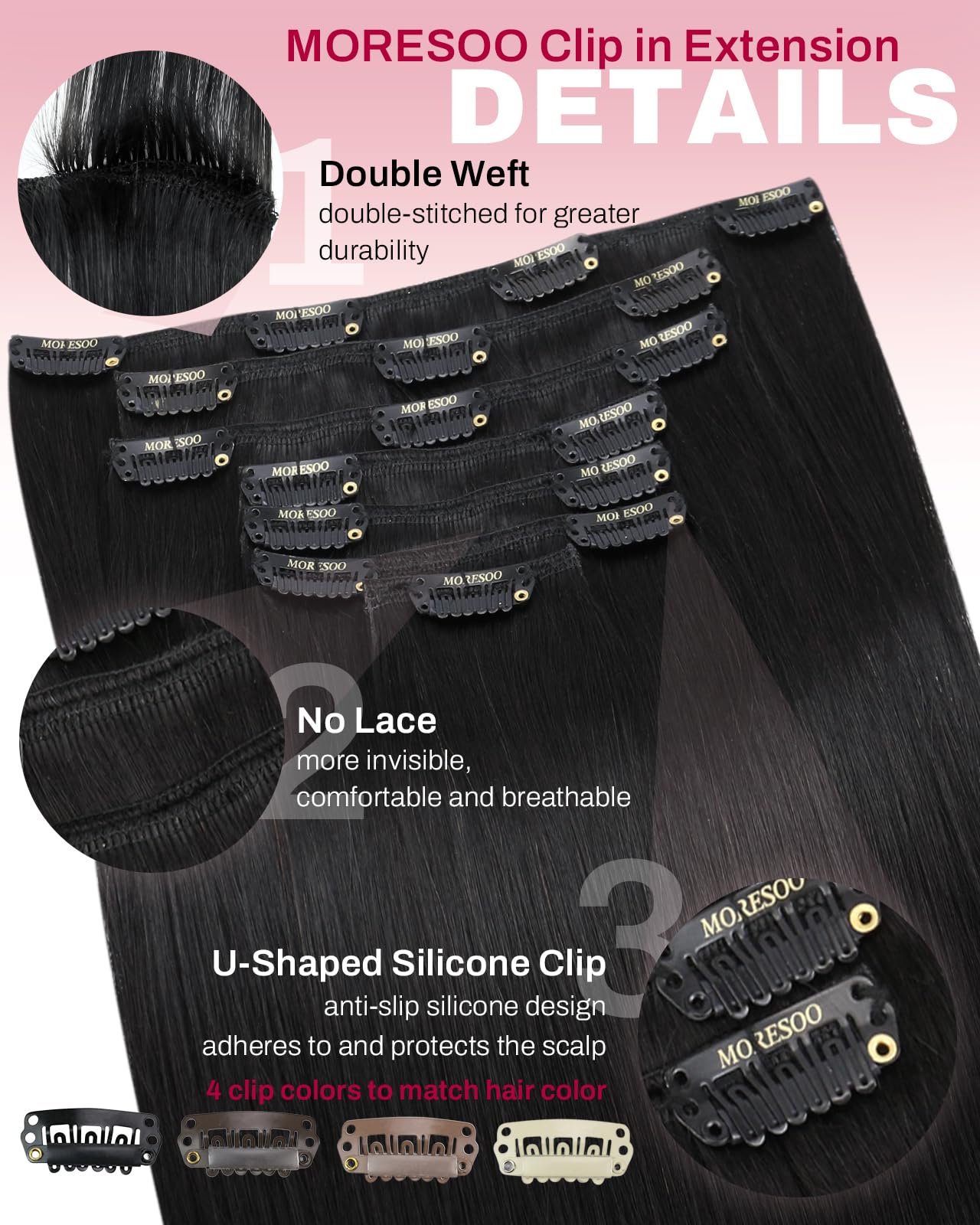 Texture detail of smooth straight Remy human hair extensions black shade