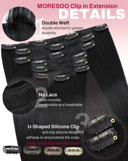 Texture detail of smooth straight Remy human hair extensions black shade