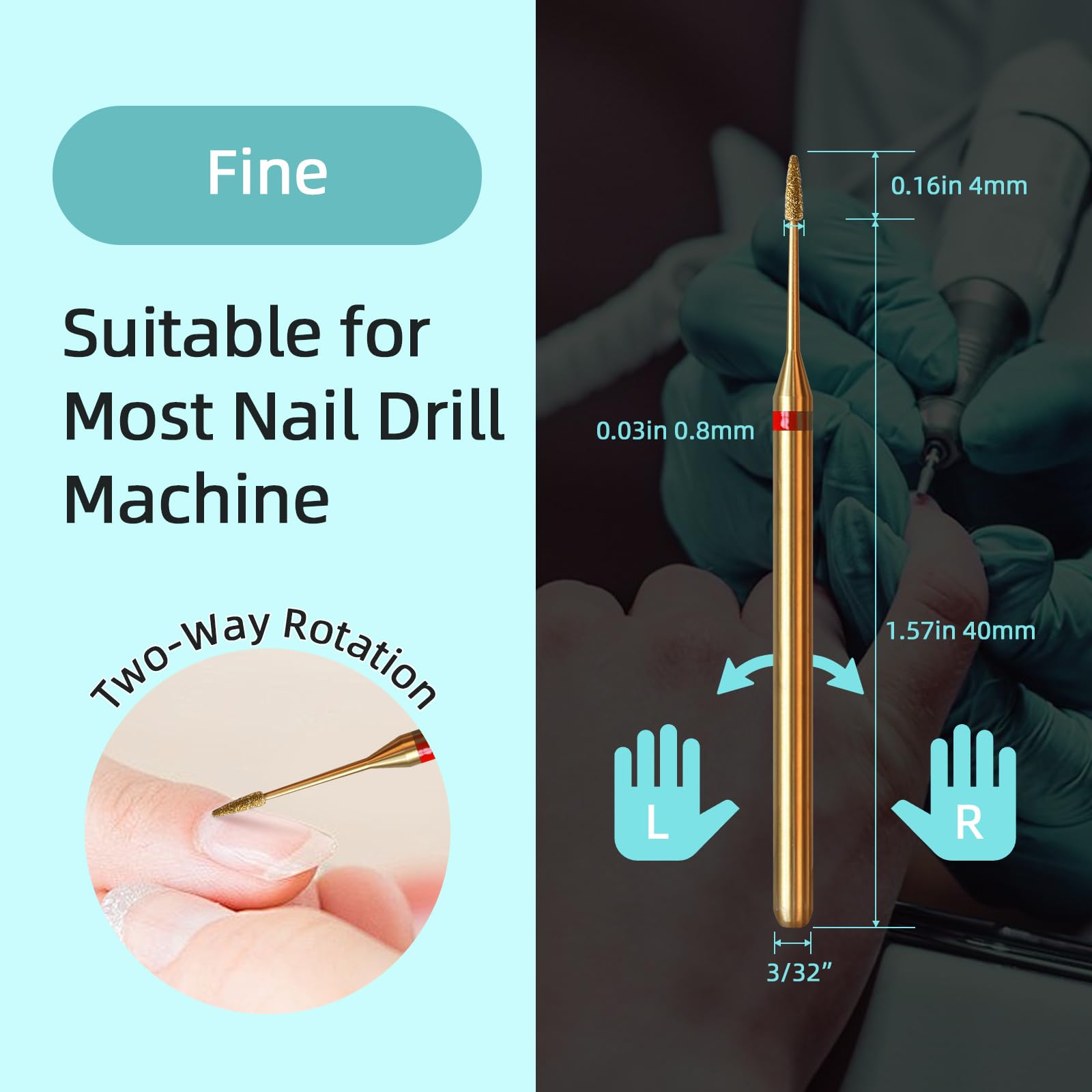 Fine grit diamond cuticle bit demonstrating the pinpoint cone shape for clean dry manicures.