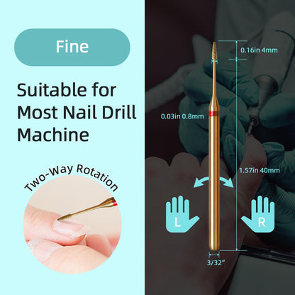 Fine grit diamond cuticle bit demonstrating the pinpoint cone shape for clean dry manicures.