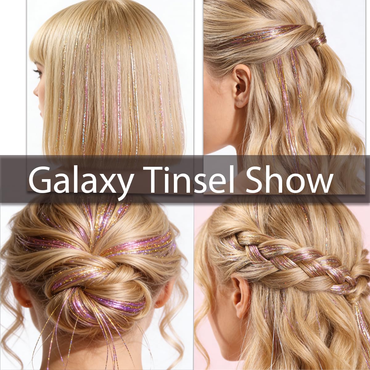 Close up of the three color ombre effect fairy hair strands reflecting light.