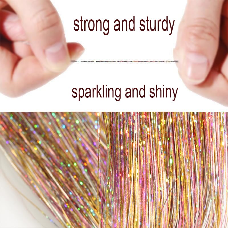 CelineBella glitter hair extension kit with the included crochet hook and silicone link beads spread out.