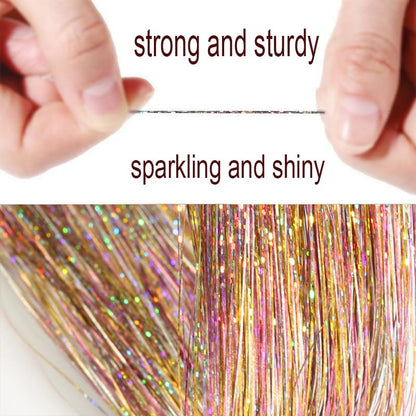 CelineBella glitter hair extension kit with the included crochet hook and silicone link beads spread out.