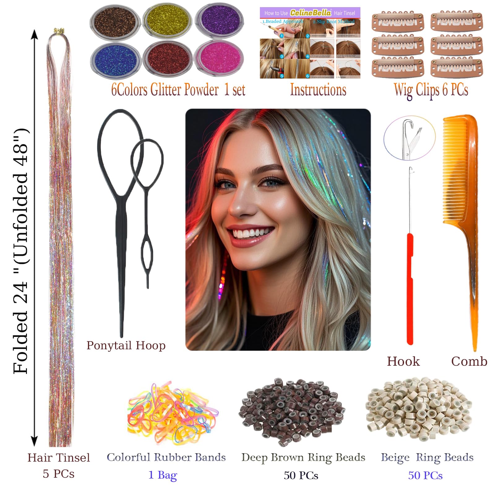 Model showing the rainbow glitter clip in effect on long straight hair.