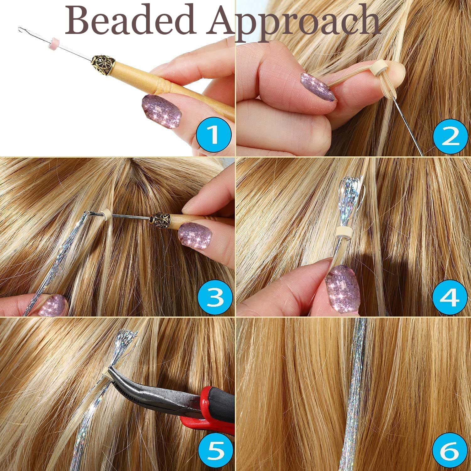 Heat resistant synthetic shimmering strands being styled with a fine toothed comb.
