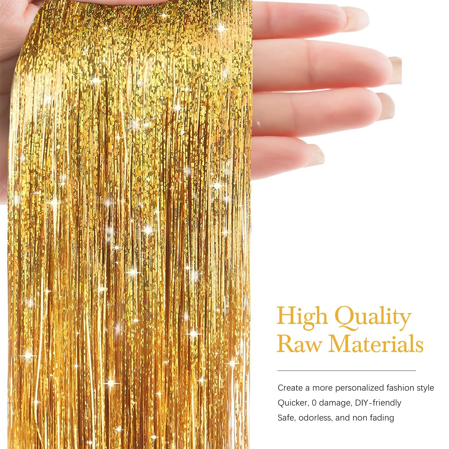 Close up of fifty inch heat resistant gold fairy hair accessories.