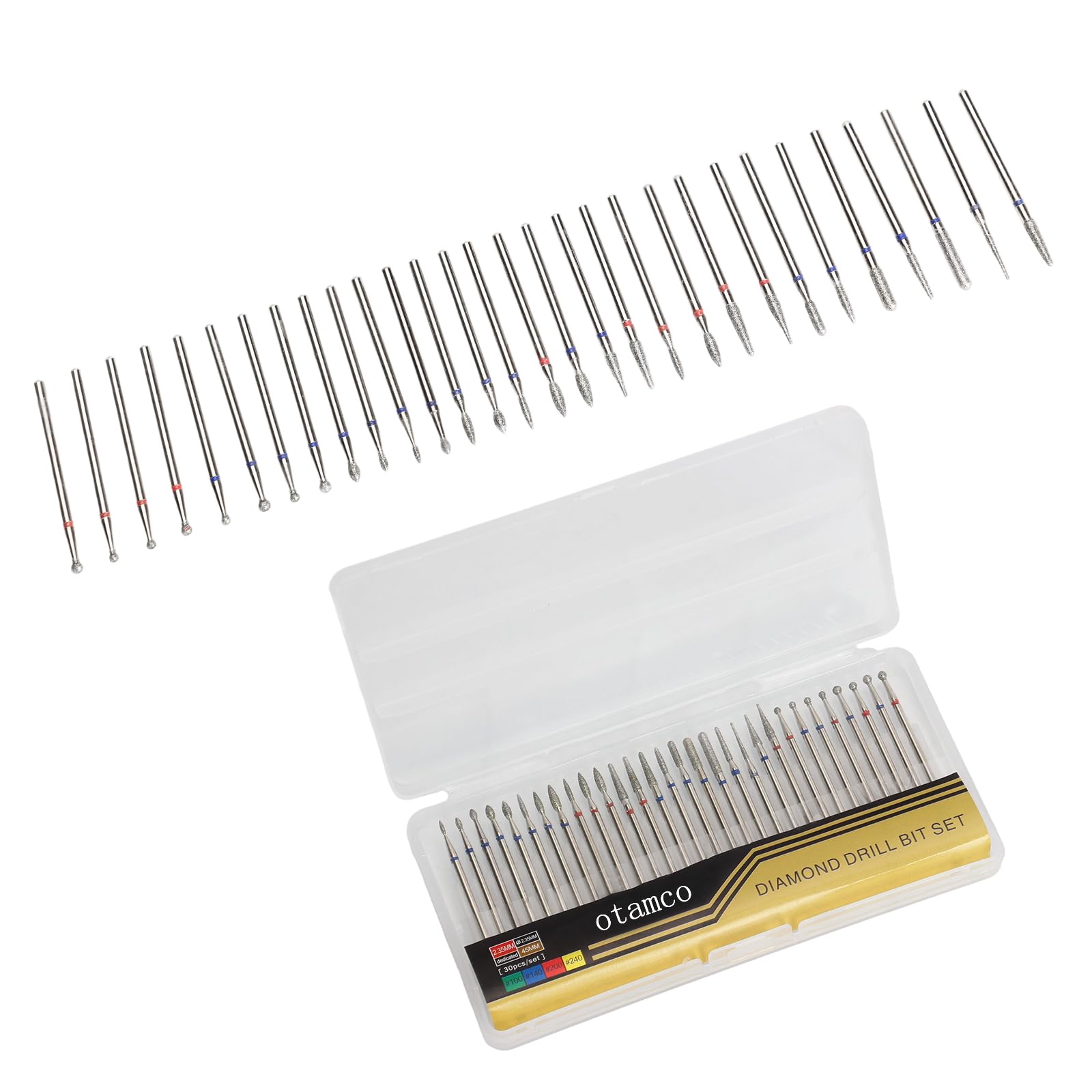Close up view of the 3 per 32 inch carbide cuticle bits illustrating various barrel and cone shapes.
