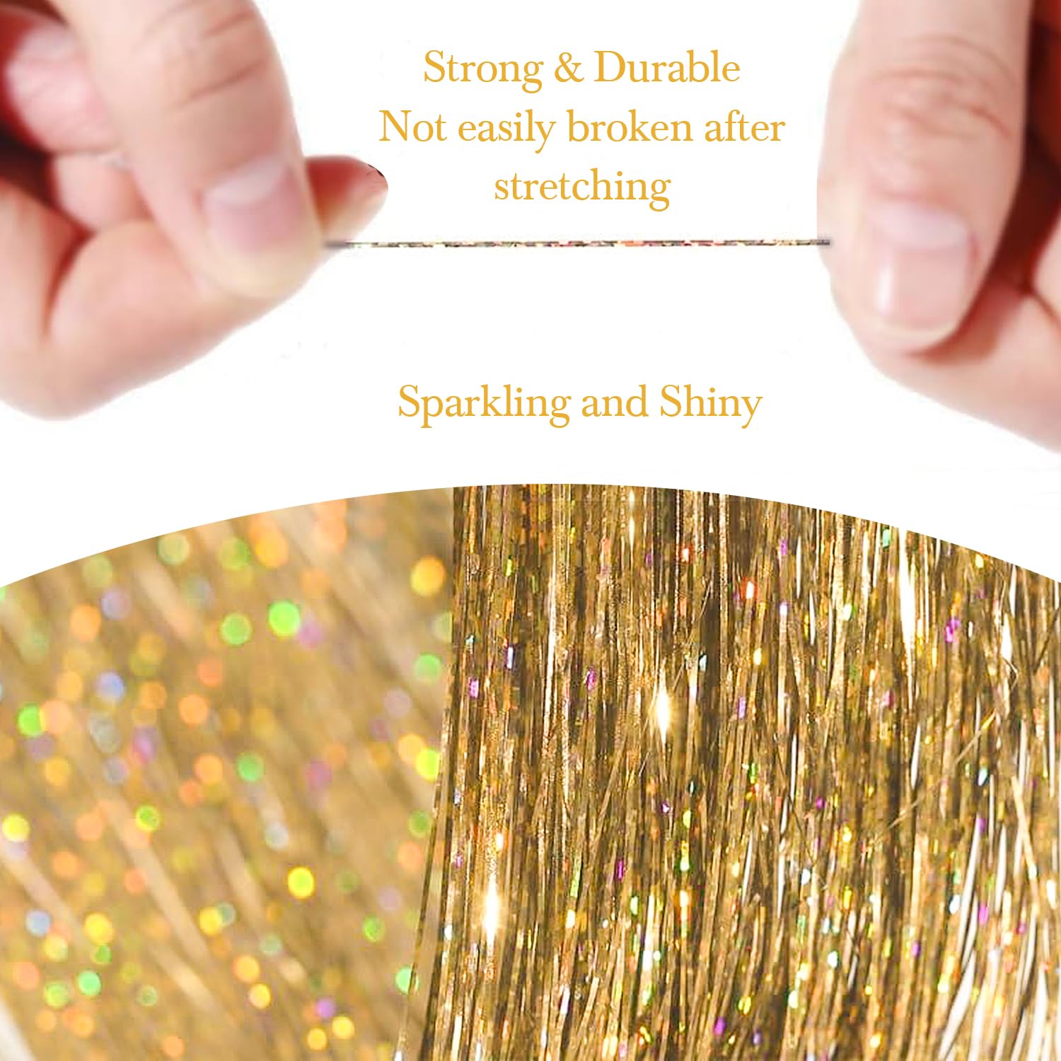 Eight packs of sixteen hundred strands glittering synthetic hair extensions spread out.