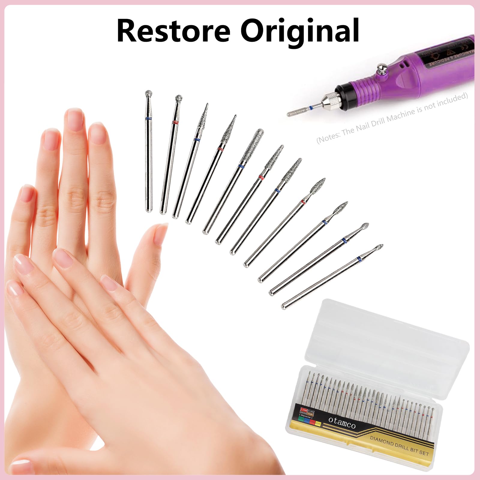 Detailed shot of the color coded grit bands on the professional electric manicure file attachments.