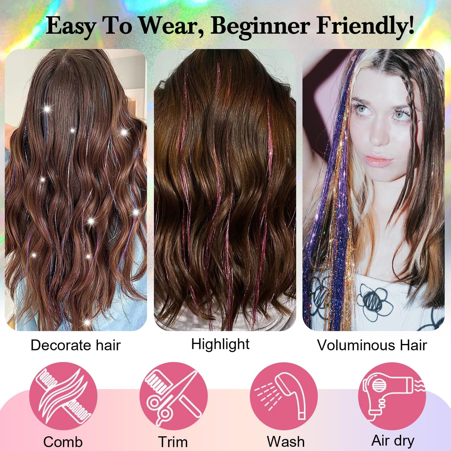 Demonstration of knotting gold tinsel hair highlight strands into long straight hair.