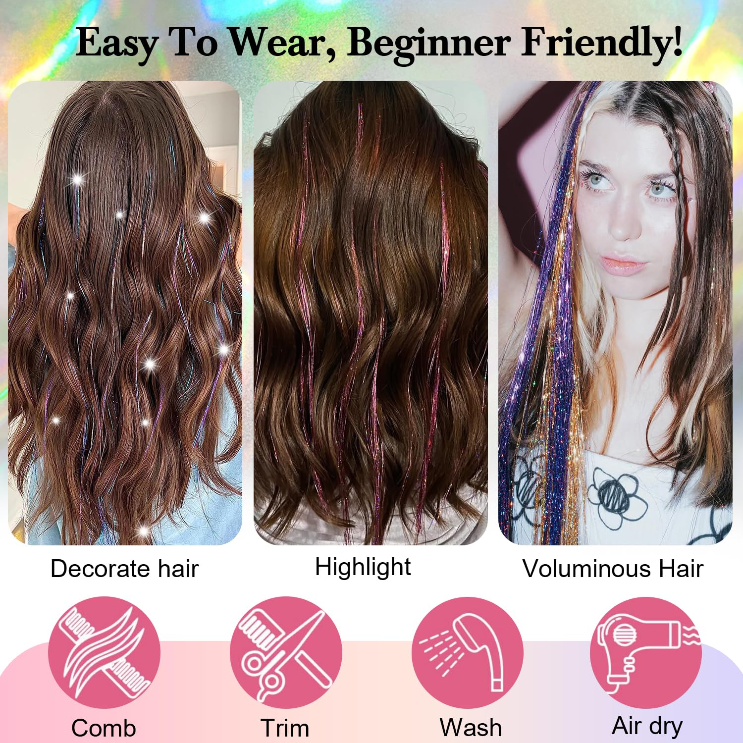 Demonstration of knotting gold tinsel hair highlight strands into long straight hair.