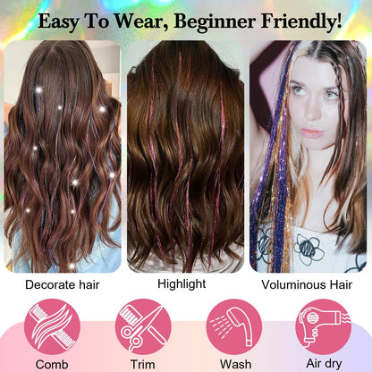 Demonstration of knotting gold tinsel hair highlight strands into long straight hair.