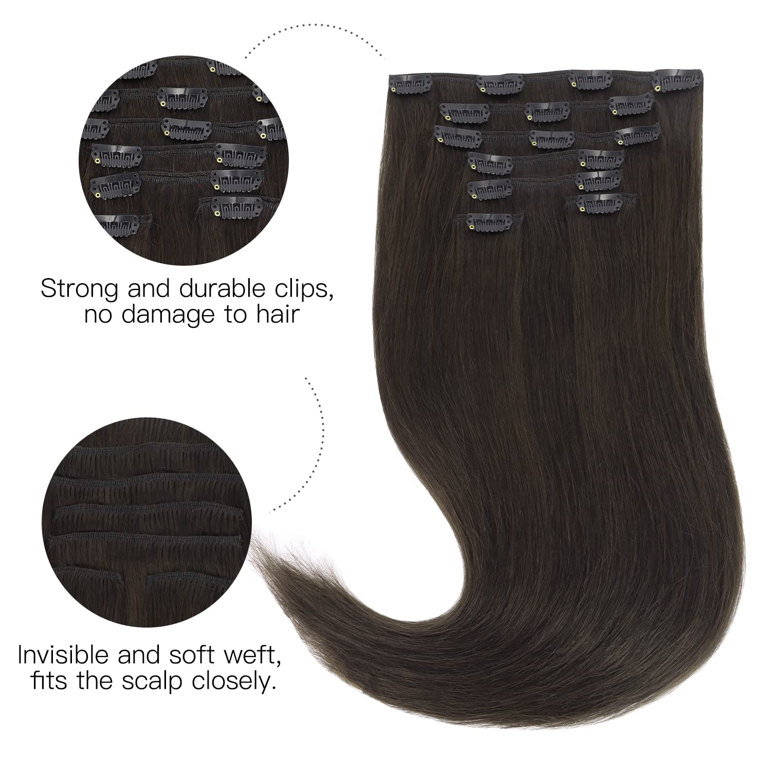 HOTBANANA straight remy human hair extensions close up of secure silicone lined clips