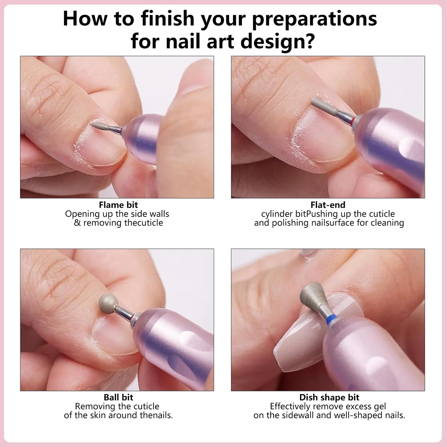 Demonstration of the universal shank design fitting into a standard electronic nail file handpiece.