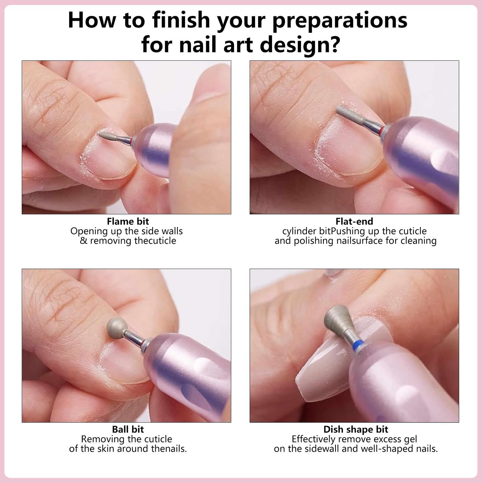 Demonstration of the universal shank design fitting into a standard electronic nail file handpiece.