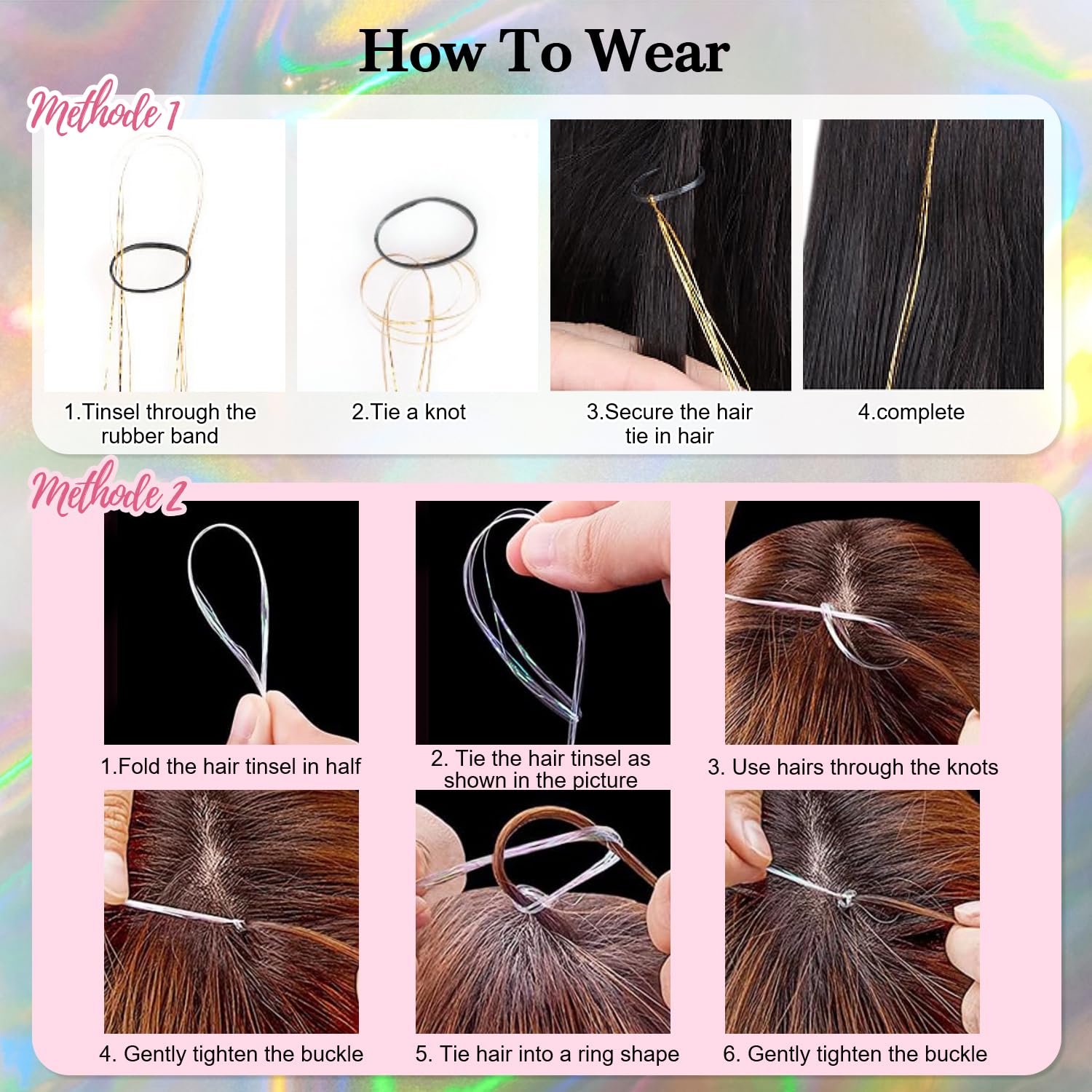 Packaging details of Sarannala brand gold glitter fairy hair extensions.