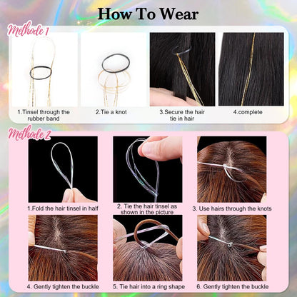 Packaging details of Sarannala brand gold glitter fairy hair extensions.