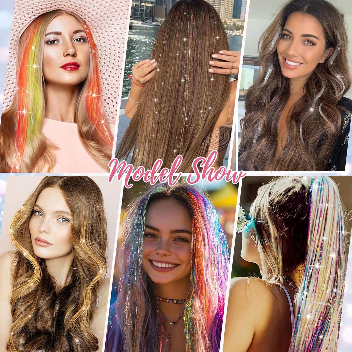 Comparison of gold hair tinsel strands against dark hair for high contrast highlight effect.