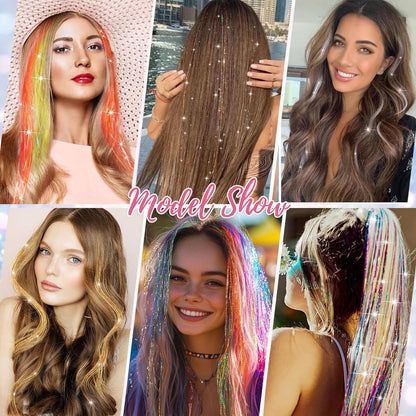 Comparison of gold hair tinsel strands against dark hair for high contrast highlight effect.