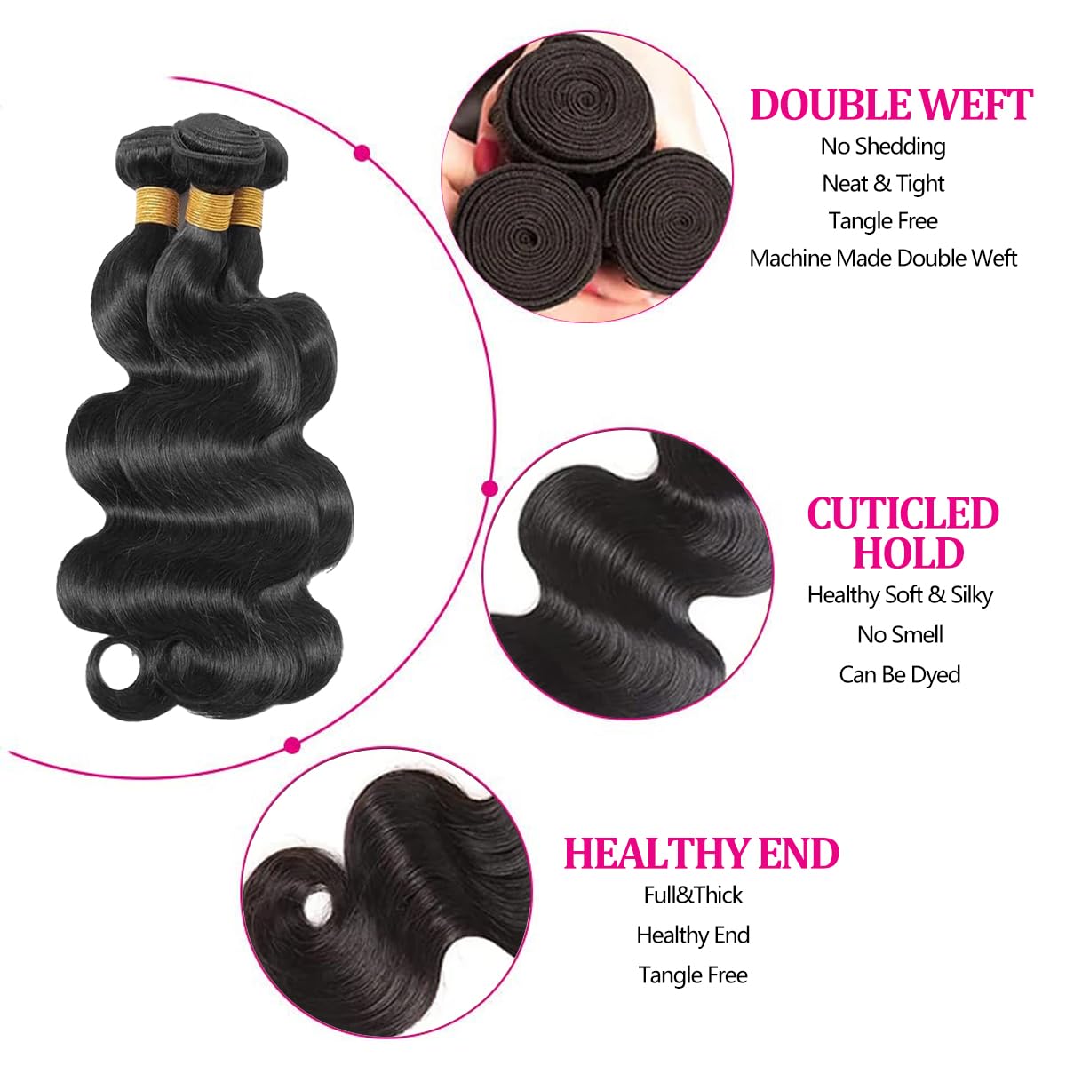 Three pieces of natural black body wave hair extensions in 14, 16, and 18 inches.