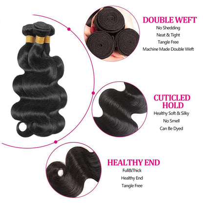 Three pieces of natural black body wave hair extensions in 14, 16, and 18 inches.