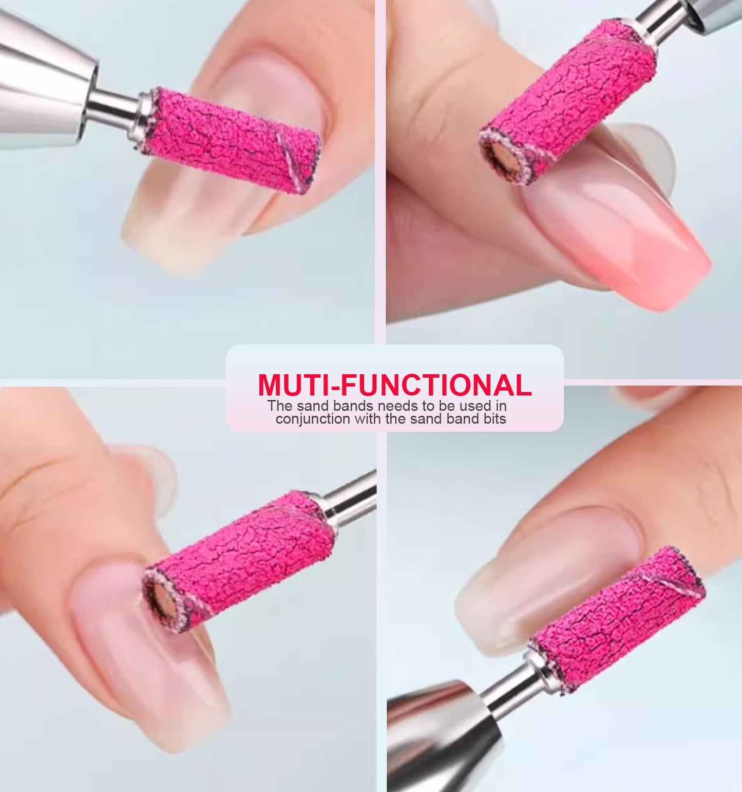 Close up view of fine grit nail file bands used for acrylic and gel removal