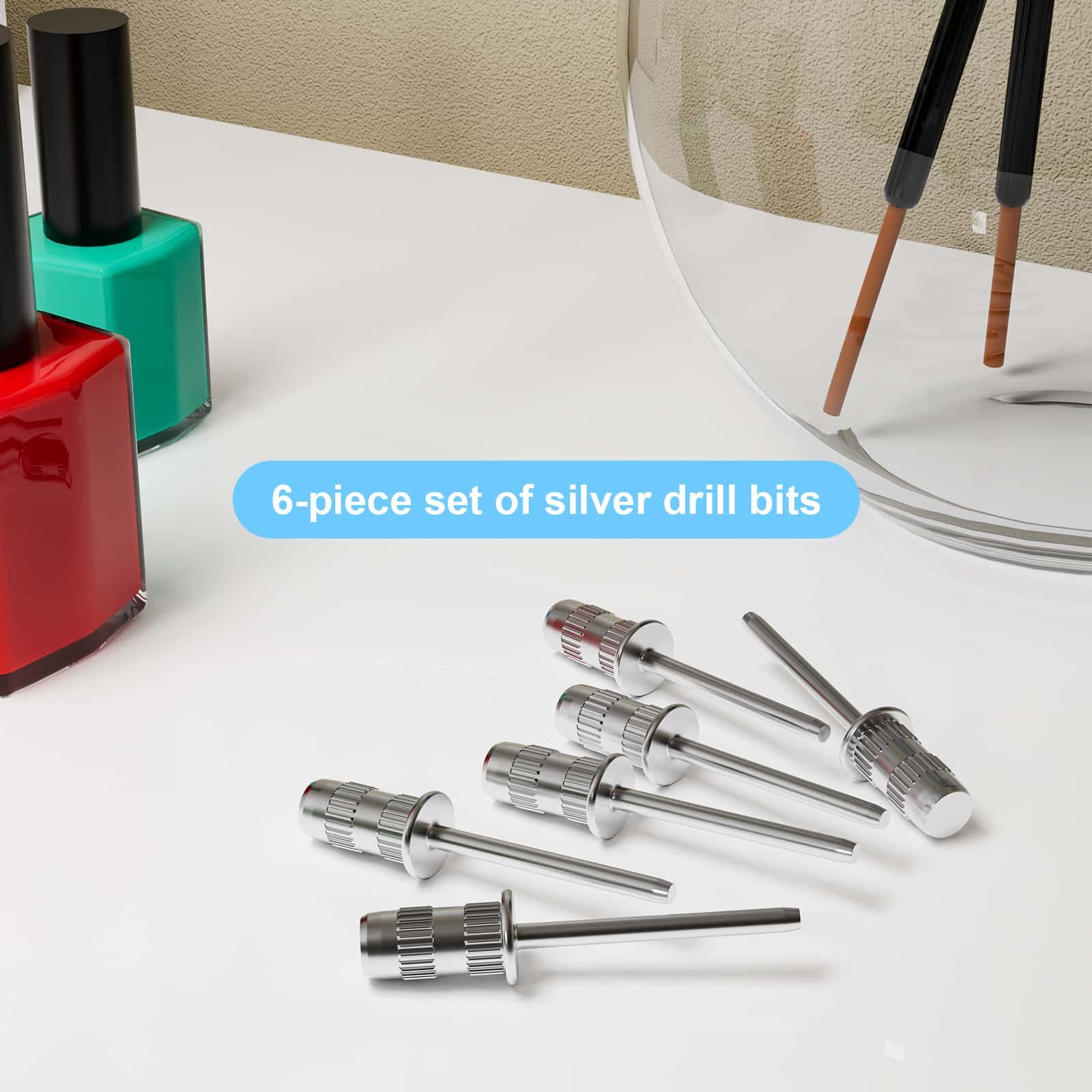 Difenni pack of six silver replacement bits for salon electric nail drills.