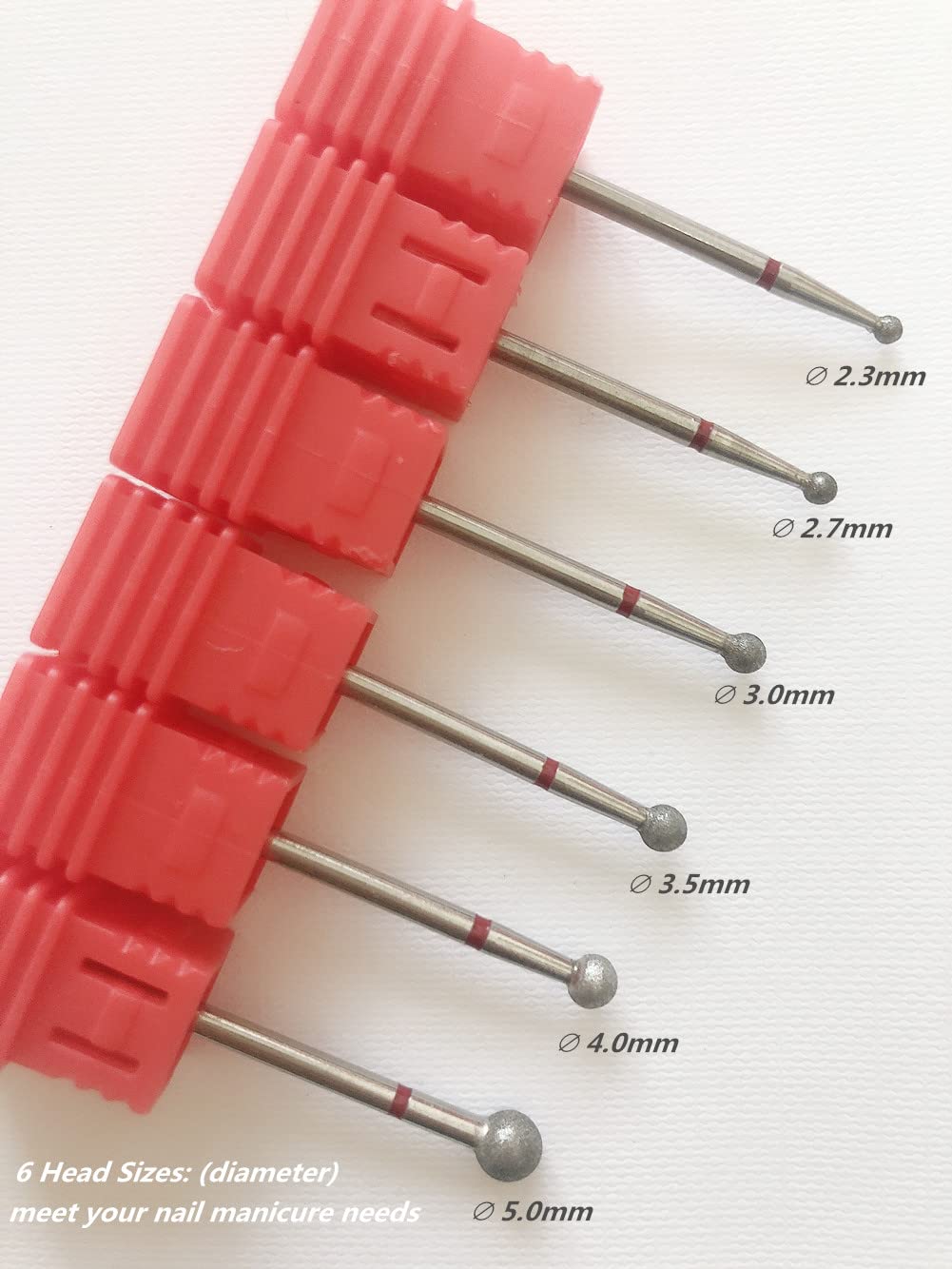 Six piece professional manicure rotary burr set showcasing the different ball diameters for precision salon nail care.