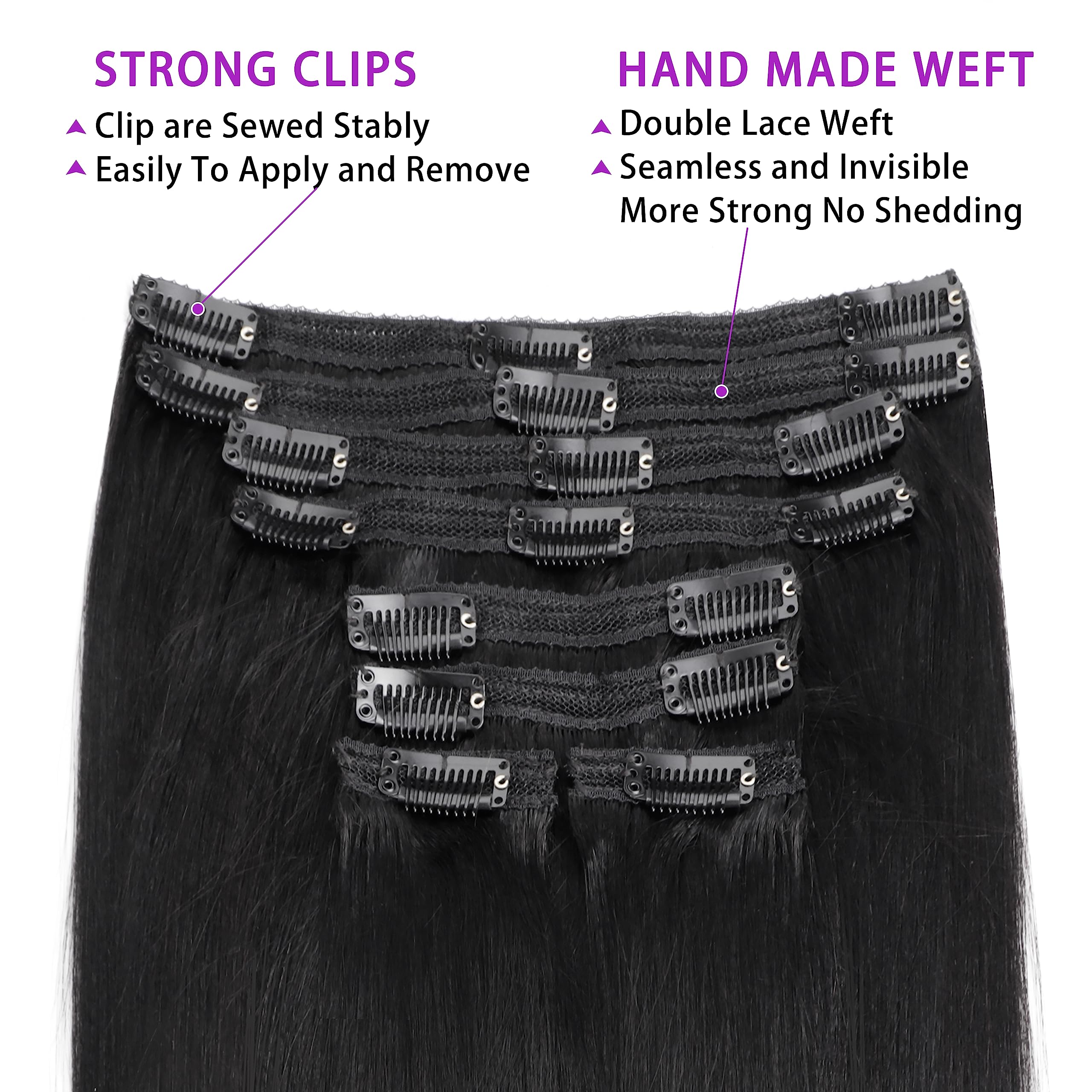 Close up of the 18 secure non slip clips on the premium hair extension weft.