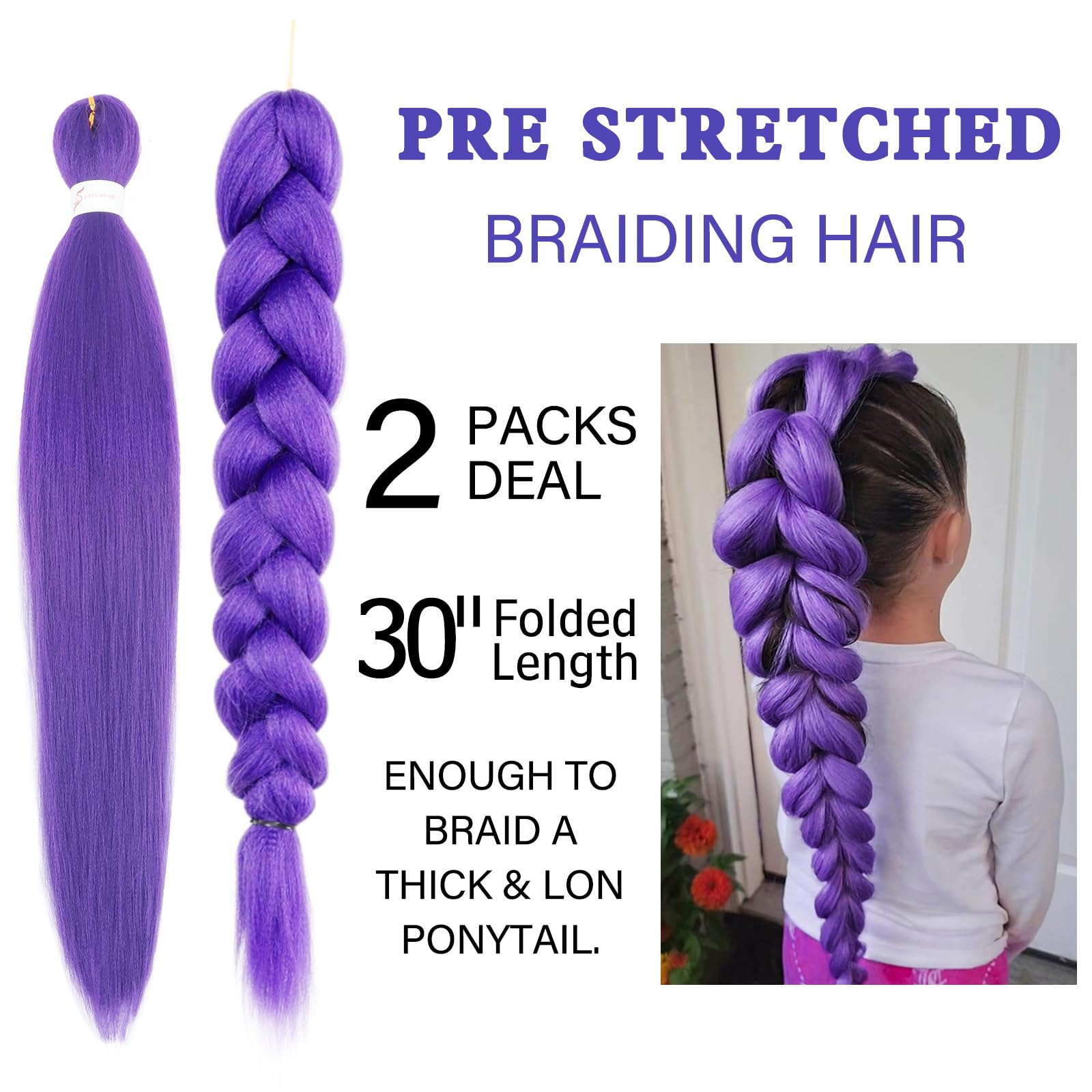 Close up of pre stretched synthetic purple hair texture showcasing the soft yaki finish