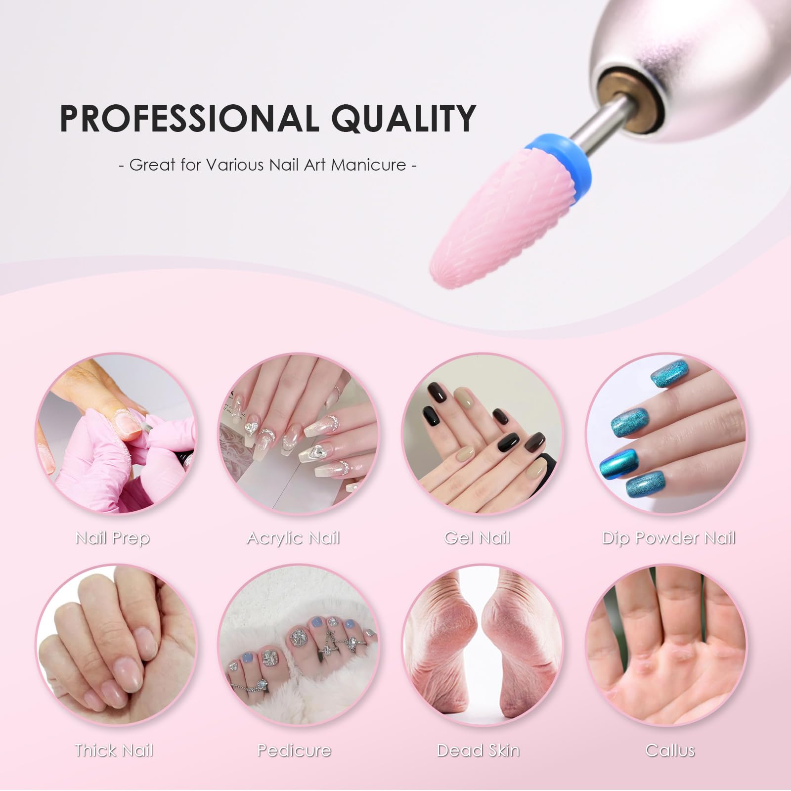 Depvko nail drill bit set arranged on a clean salon background