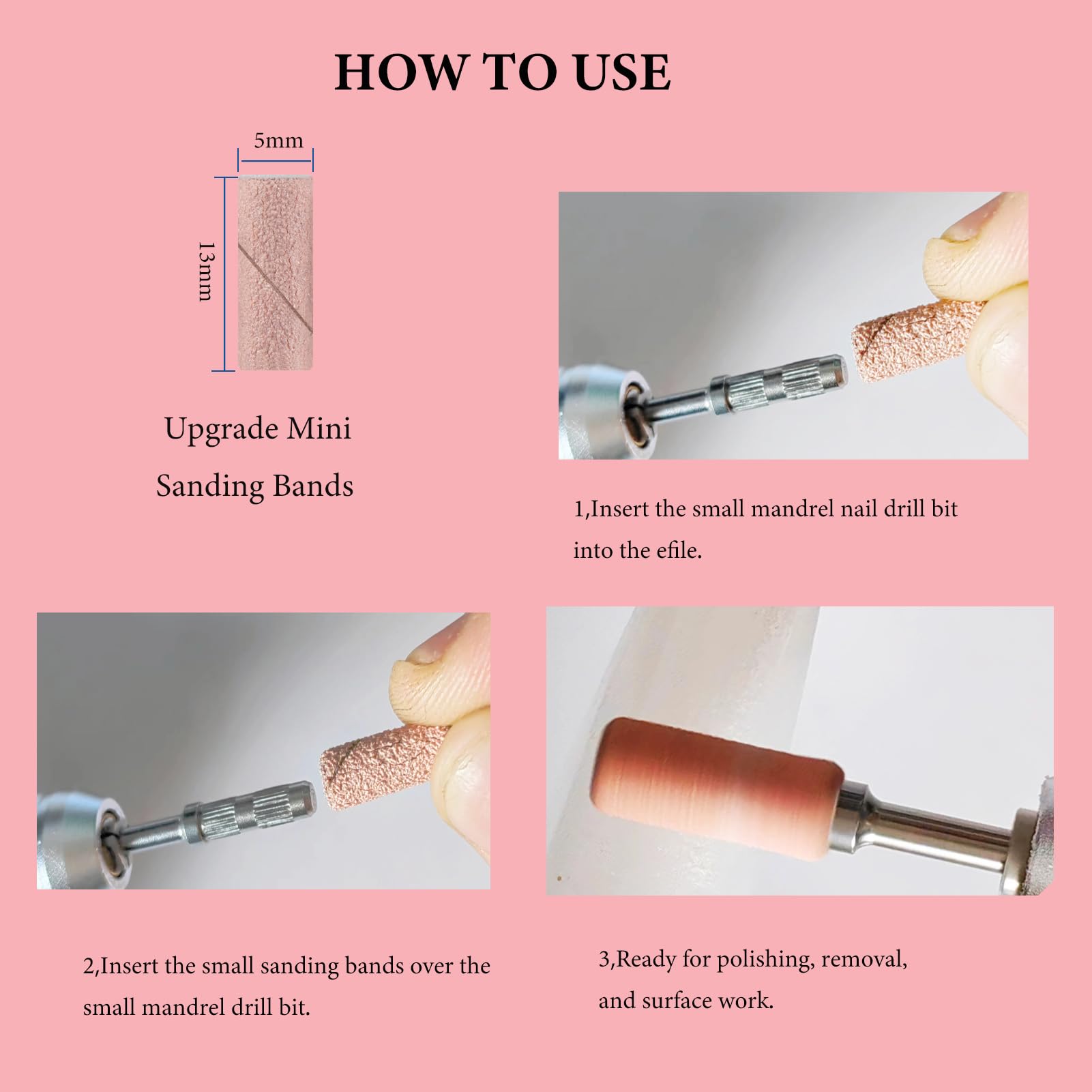 Small nail sanding bands applied to electric drill bit
