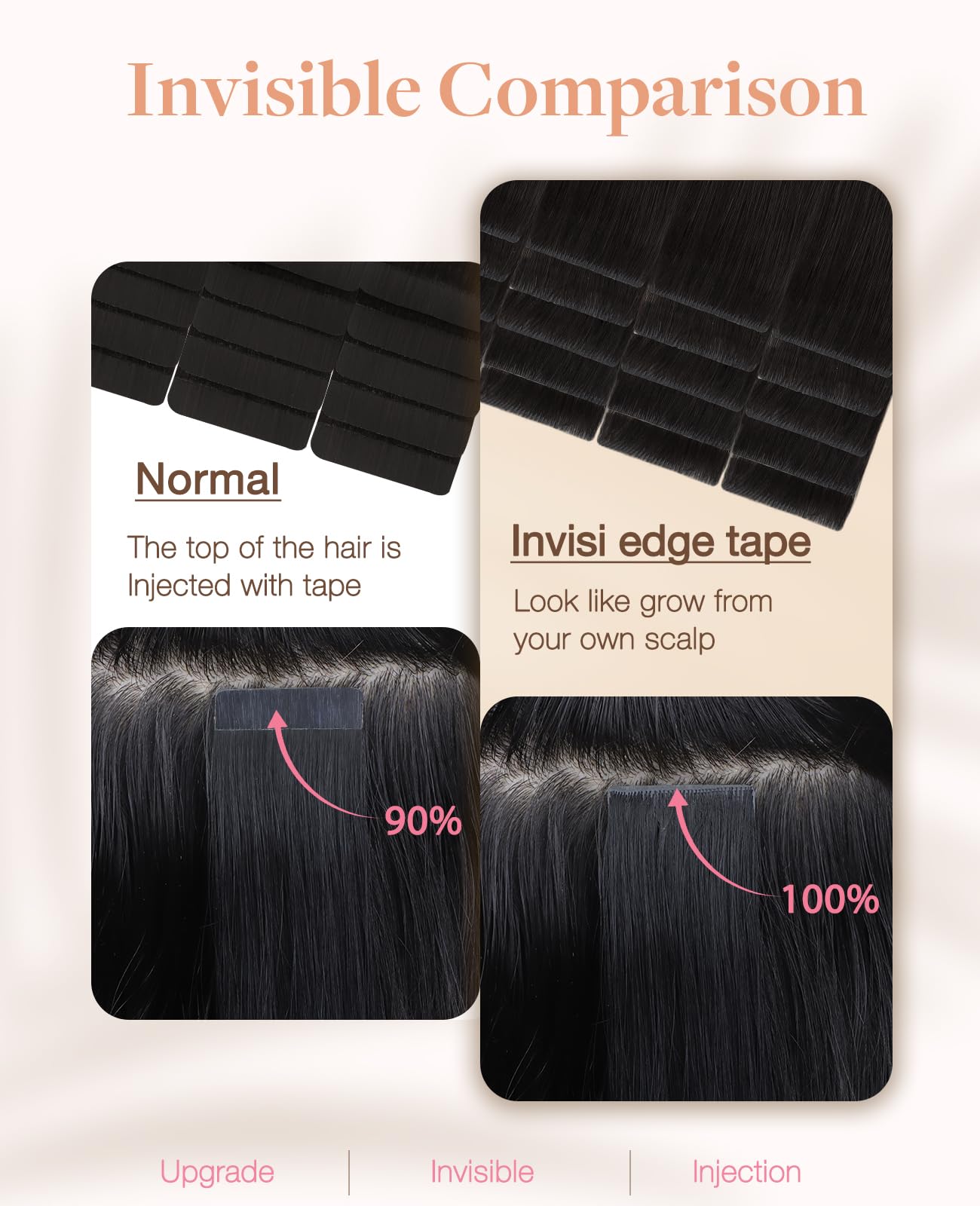 Close up of the seamless injected tape on GOO GOO human hair extensions