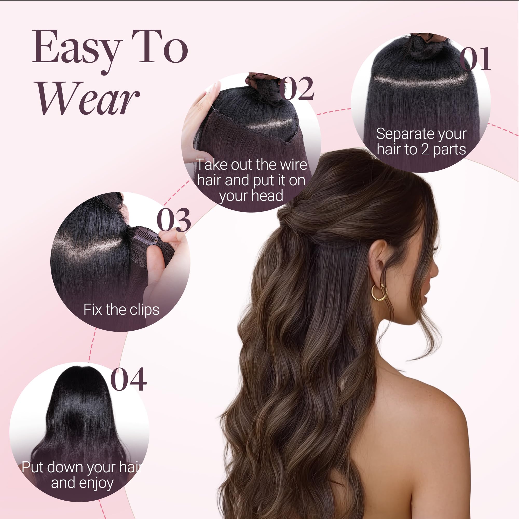 GOO GOO natural dark brown human hair extensions lace weft clips